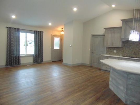 Empty room, Interior, Kitchen, Pendant Lights, Recessed Lighting, Wood Texture Flooring