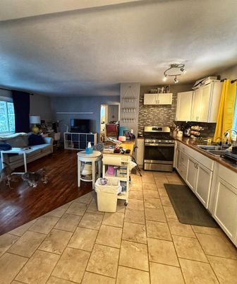 Interior, Kitchen, Living room, Stainless Steel Appliances, Wood Texture Flooring
