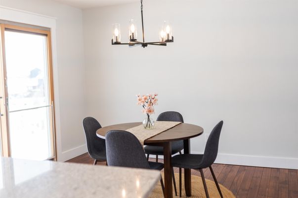 Chandelier, Dining room, Interior, Pendant Lights, Wood Texture Flooring