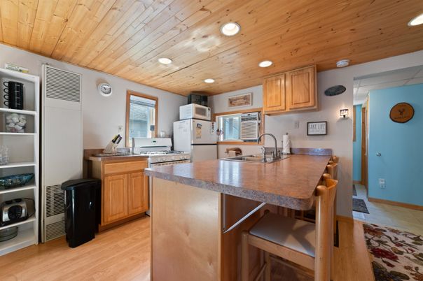 Interior, Kitchen, Recessed Lighting, Wooden Ceilings, Wood Texture Flooring