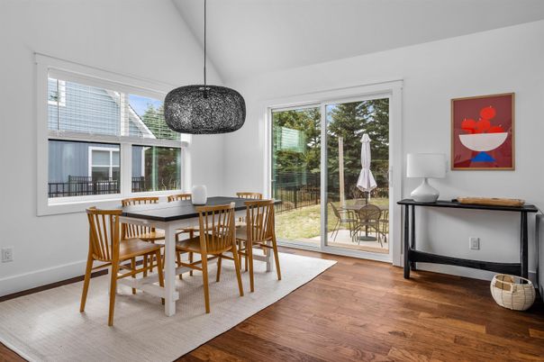 Dining room, Interior, Pendant Lights, Wood Texture Flooring