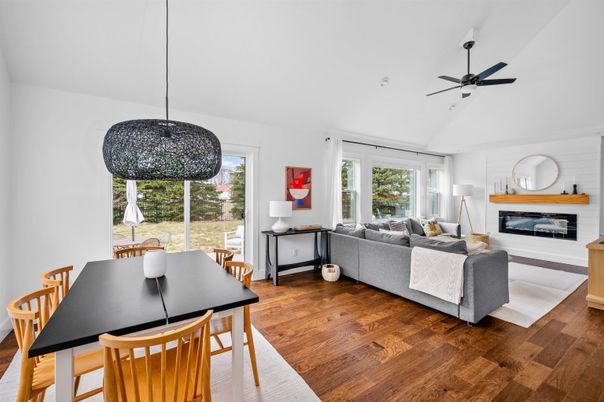 Dining room, Fireplace, Interior, Living room, Pendant Lights, Wood Texture Flooring