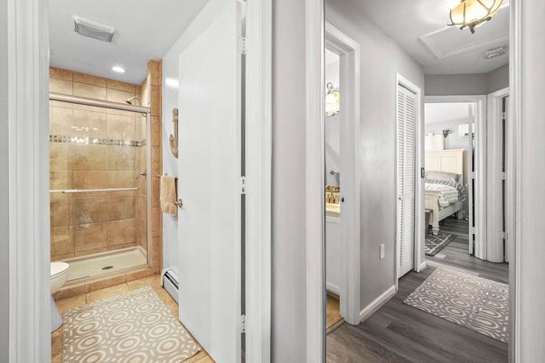 Bathroom, Glass Shower, Interior, Recessed Lighting, Wood Texture Flooring