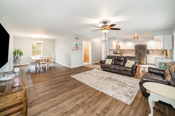 Dining room, Interior, Kitchen, Living room, Pendant Lights, Wood Texture Flooring
