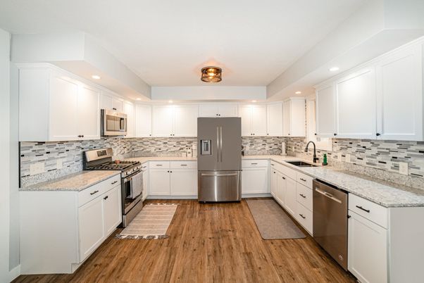 Interior, Kitchen, Recessed Lighting, Stainless Steel Appliances, Wood Texture Flooring