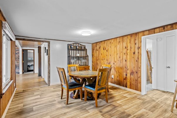 Dining room, Interior, Wood Texture Flooring, Wooden Walls