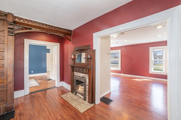 Empty room, Fireplace, Interior, Recessed Lighting, Wood Texture Flooring