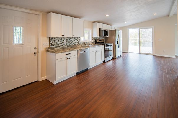 Interior, Kitchen, Recessed Lighting, Stainless Steel Appliances, Wood Texture Flooring