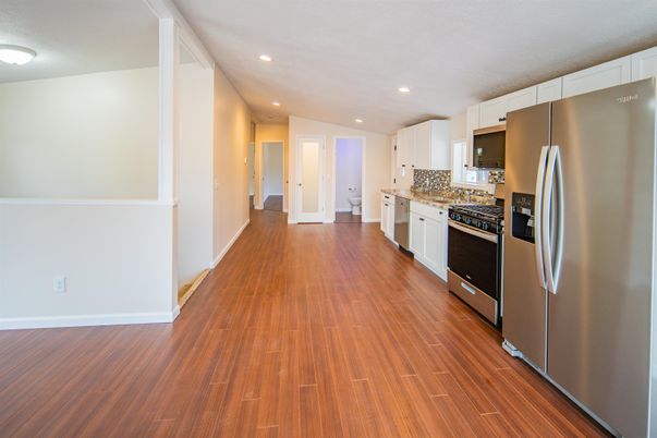 Interior, Kitchen, Recessed Lighting, Stainless Steel Appliances, Wood Texture Flooring