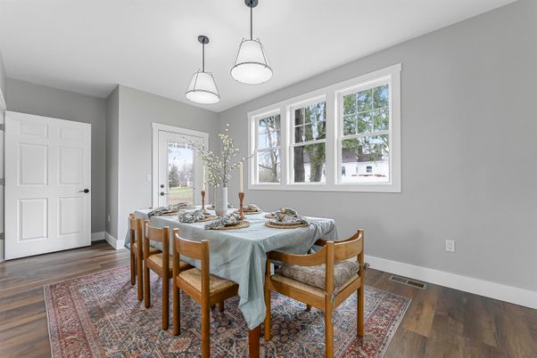 Dining room, Interior, Pendant Lights, Wood Texture Flooring