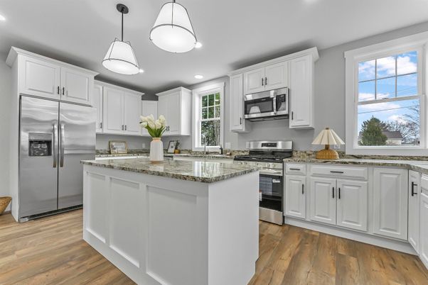 Interior, Kitchen, Pendant Lights, Recessed Lighting, Stainless Steel Appliances, Wood Texture Flooring