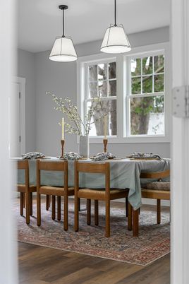 Dining room, Interior, Pendant Lights, Wood Texture Flooring