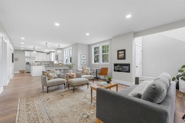 Interior, Kitchen, Living room, Pendant Lights, Recessed Lighting, Wood Texture Flooring