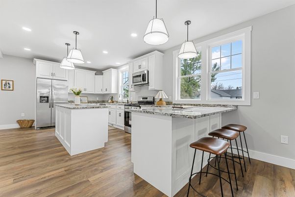 Interior, Kitchen, Pendant Lights, Recessed Lighting, Stainless Steel Appliances, Wood Texture Flooring