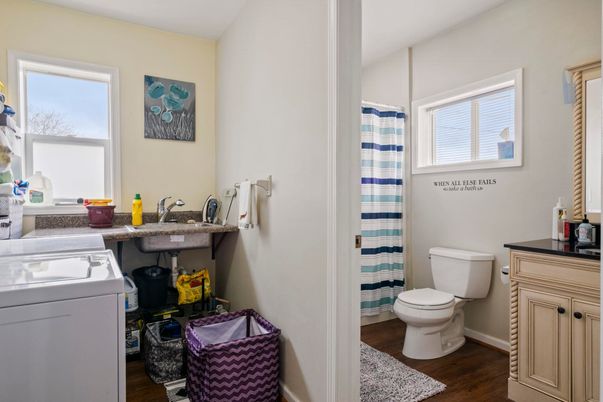 Bathroom, Interior, Washer, Wood Texture Flooring