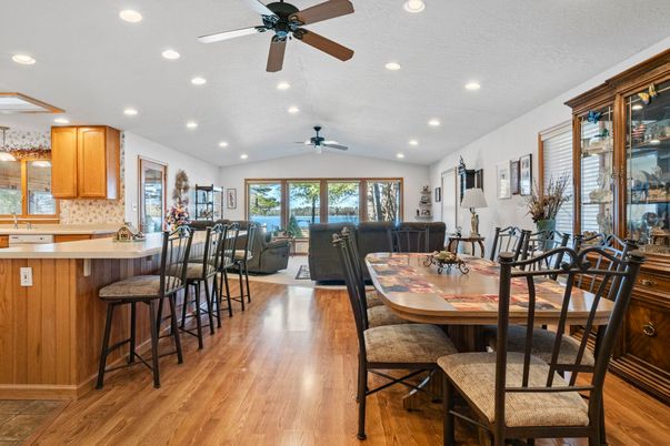 Dining room, Interior, Kitchen, Living room, Recessed Lighting, Wood Texture Flooring