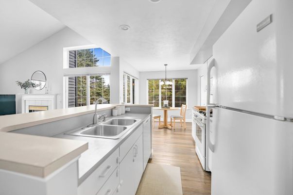 Dining room, Fireplace, Interior, Kitchen, Pendant Lights, Recessed Lighting, Wood Texture Flooring