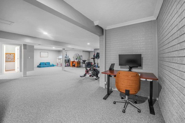 Fitness Equipment, Home Office, Interior, Recessed Lighting, Stone Walls