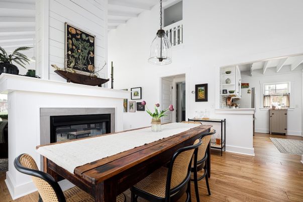 Dining room, Fireplace, Interior, Pendant Lights, Wood Texture Flooring