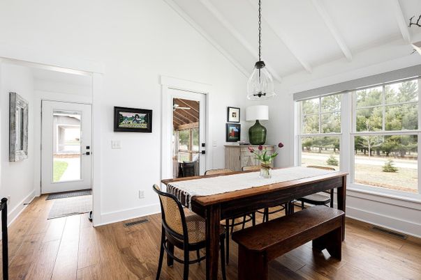 Dining room, Interior, Pendant Lights, Wood Texture Flooring