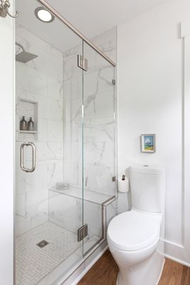 Bathroom, Glass Shower, Interior, Marble Walls, Recessed Lighting, Wood Texture Flooring