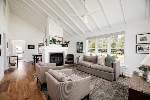Dining room, Fireplace, Interior, Living room, Pendant Lights, Wood Texture Flooring