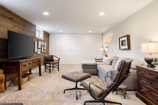 Home Office, Interior, Living room, Recessed Lighting, Wooden Walls