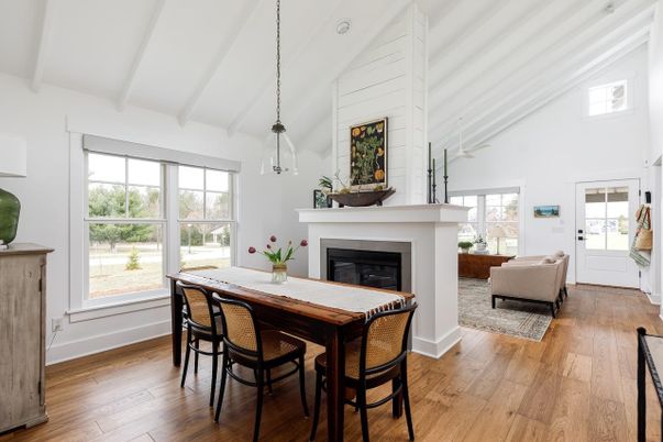 Dining room, Fireplace, Interior, Living room, Pendant Lights, Wood Texture Flooring