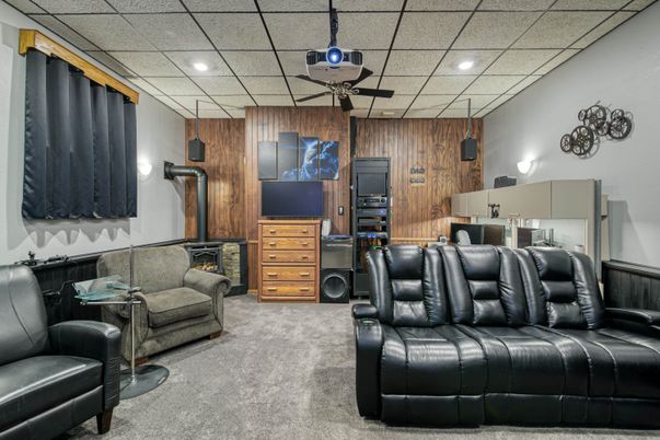 Home Theatre Room, Fireplace, Interior, Living room, Recessed Lighting, Theatre Room, Wooden Walls