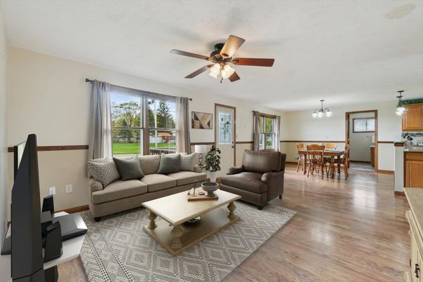 Dining room, Interior, Kitchen, Living room, Pendant Lights, Wood Texture Flooring