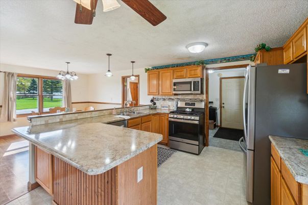 Chandelier, Interior, Kitchen, Pendant Lights, Stainless Steel Appliances