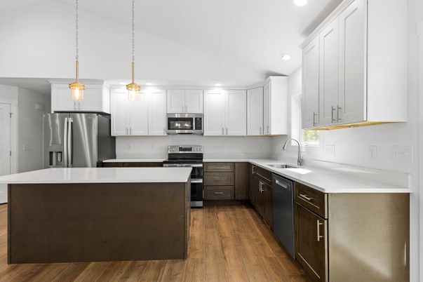 Interior, Kitchen, Pendant Lights, Recessed Lighting, Stainless Steel Appliances, Wood Texture Flooring