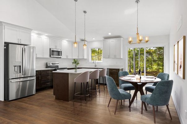 Chandelier, Dining room, Interior, Kitchen, Pendant Lights, Recessed Lighting, Stainless Steel Appliances, Wood Texture Flooring