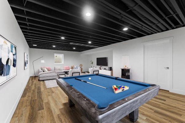 Billiard Table, Game Room, Interior, Recessed Lighting, Wood Texture Flooring