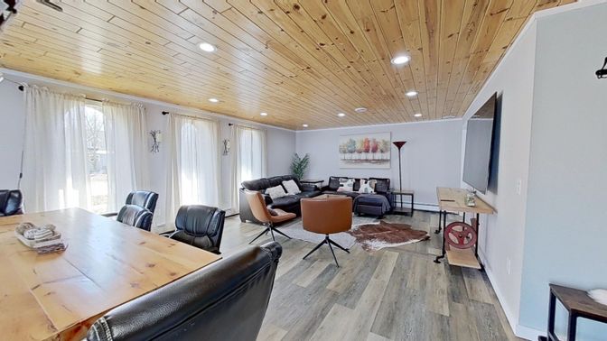 Dining room, Interior, Living room, Recessed Lighting, Wooden Ceilings, Wood Texture Flooring