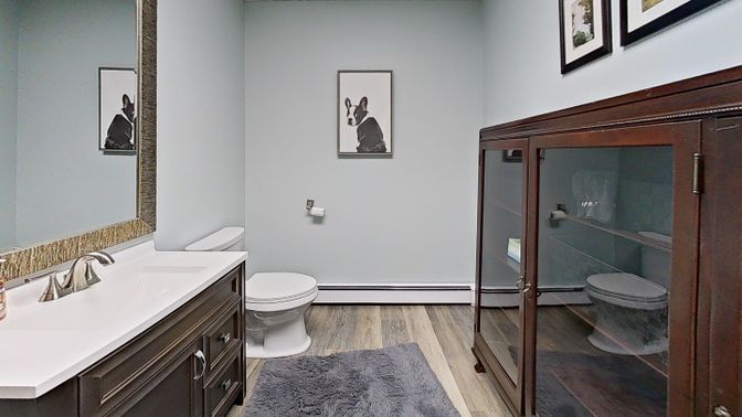 Bathroom, Glass Shower, Interior, Wood Texture Flooring