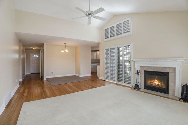 Empty room, Fireplace, Interior, Pendant Lights, Wood Texture Flooring