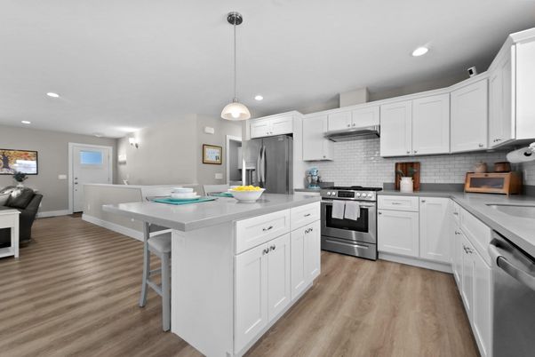 Interior, Kitchen, Pendant Lights, Recessed Lighting, Stainless Steel Appliances, Wood Texture Flooring