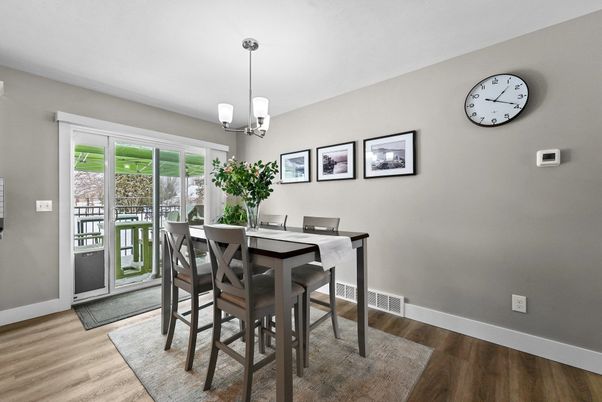Dining room, Interior, Pendant Lights, Wood Texture Flooring