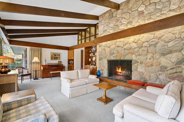 Fireplace, Interior, Living room, Piano, Stone Walls, Wooden Beams