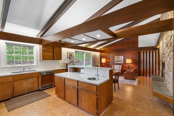 Fireplace, Interior, Kitchen, Living room, Recessed Lighting, Stone Walls, Wooden Beams