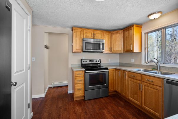 Interior, Kitchen, Stainless Steel Appliances, Wood Texture Flooring