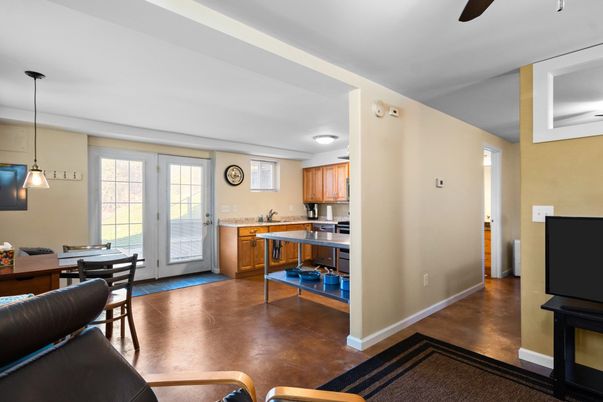 Dining room, Interior, Kitchen, Pendant Lights, Wood Texture Flooring