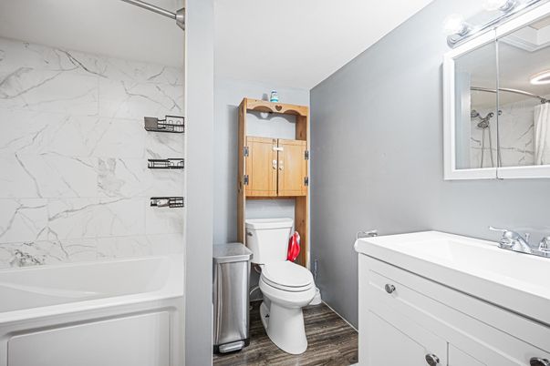 Bathroom, Interior, Marble Walls, Wood Texture Flooring