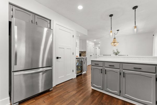 Interior, Kitchen, Pendant Lights, Recessed Lighting, Stainless Steel Appliances, Wood Texture Flooring