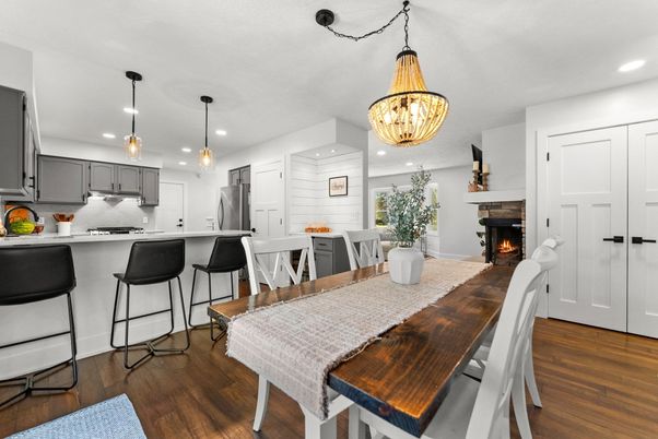 Dining room, Fireplace, Interior, Kitchen, Pendant Lights, Recessed Lighting, Wood Texture Flooring