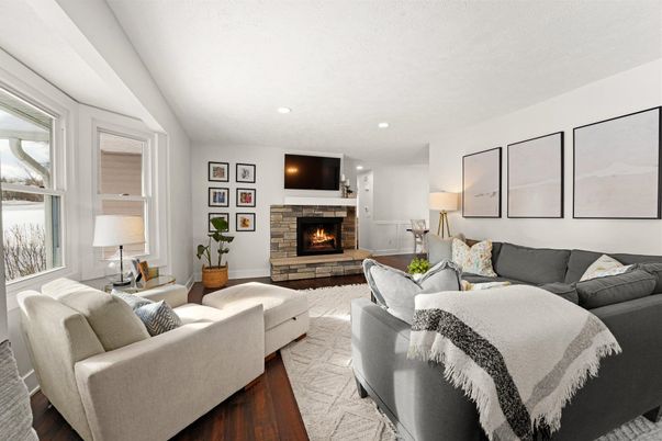 Fireplace, Interior, Living room, Recessed Lighting, Wood Texture Flooring