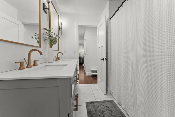 Bathroom, Dual Sink Vanities, Interior, Marble, Wood Texture Flooring