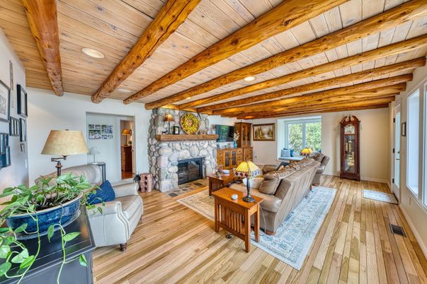 Fireplace, Interior, Living room, Recessed Lighting, Wooden Beams, Wooden Ceilings, Wood Texture Flooring