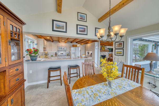 Chandelier, Dining room, Interior, Kitchen, Pendant Lights, Recessed Lighting, Stainless Steel Appliances, Wooden Beams